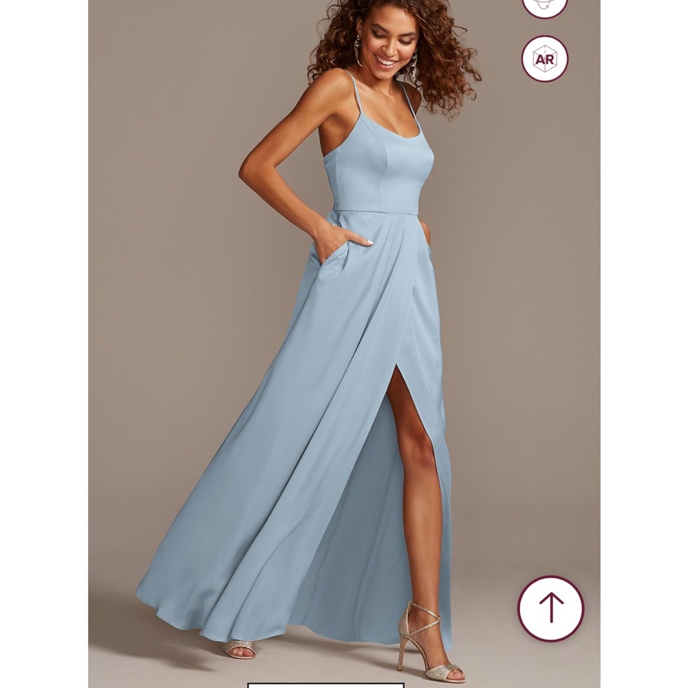 David’s Bridal Crepe-Back Satin Spaghetti Bridesmaid Dress - F20095 - Dusty Blue